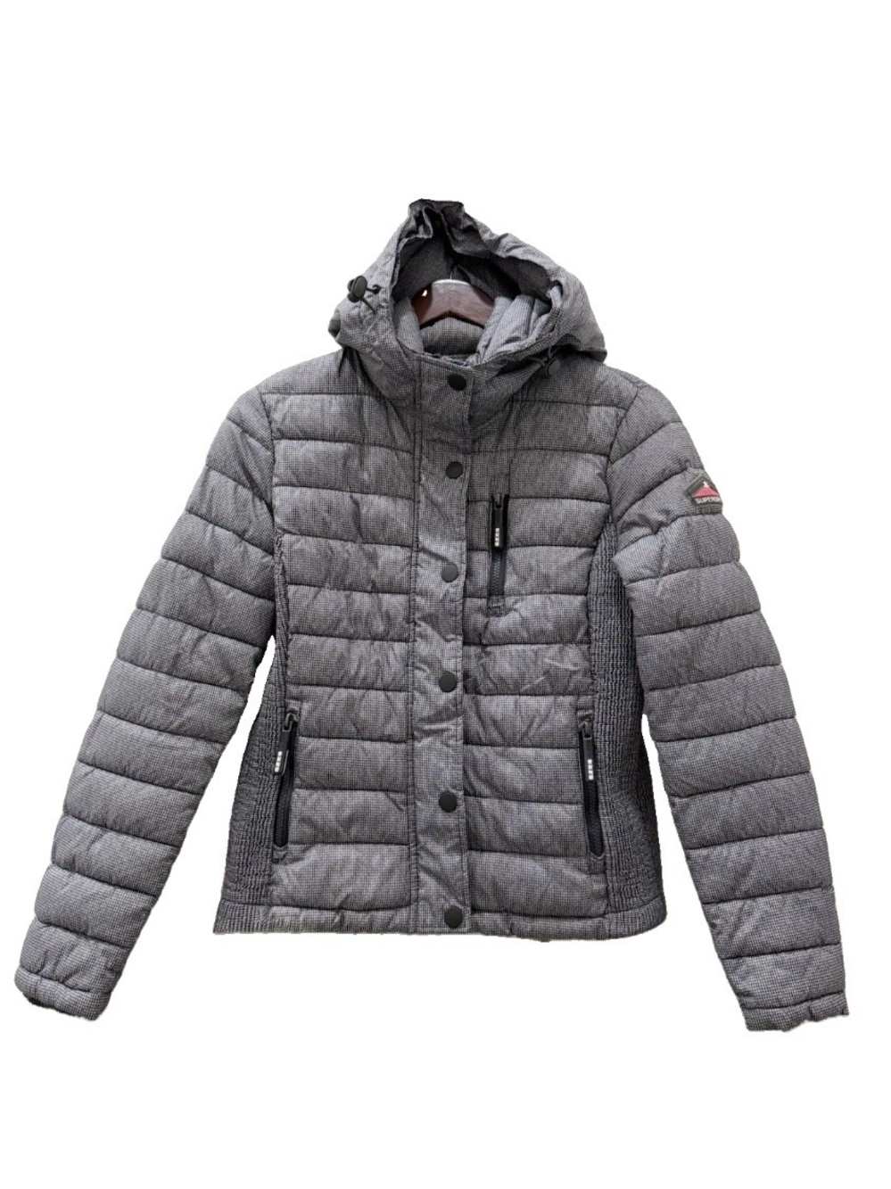 SUPERDRY Mountain Goods Fuji Slim Double Zip Houndstooth Hooded Puffer Jacket M